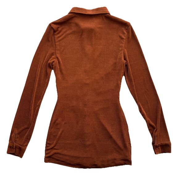 WITH JEAN KNIT ANDY MINI DRESS BUTTON FRONT LONG SLEEVE RUSCHING DETAIL BROWN XS - Picture 3 of 15
